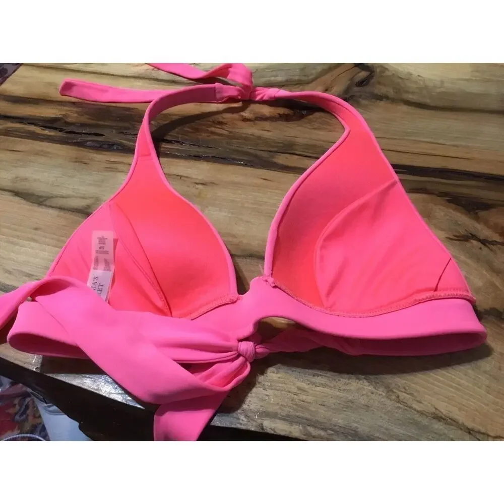 Victorias Secret Neon Pink Halter Bikini Top Molded Cups Size Small S/P‎